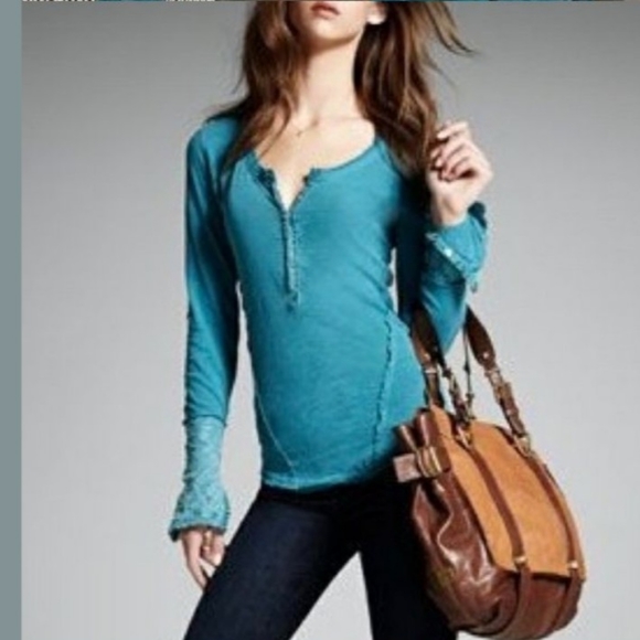 Free People Tops - Free People Henley Teal Lace Button Sleeve Cuffs. Size XS